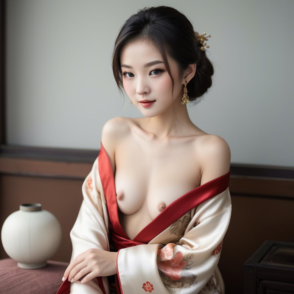 A stunning image of asian beauty, traditional silk robe slipping off shoulder.