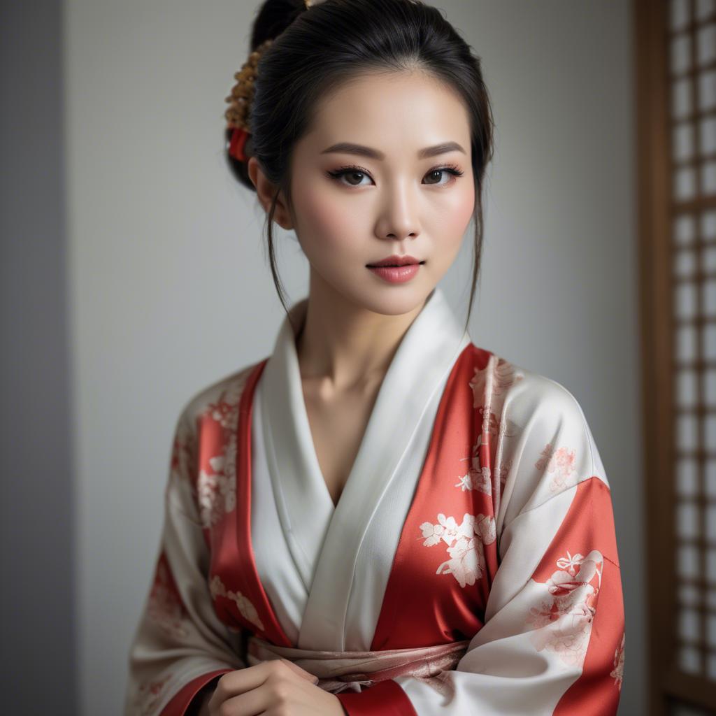 A stunning image of asian beauty, woman in traditional robe, intimate pose.