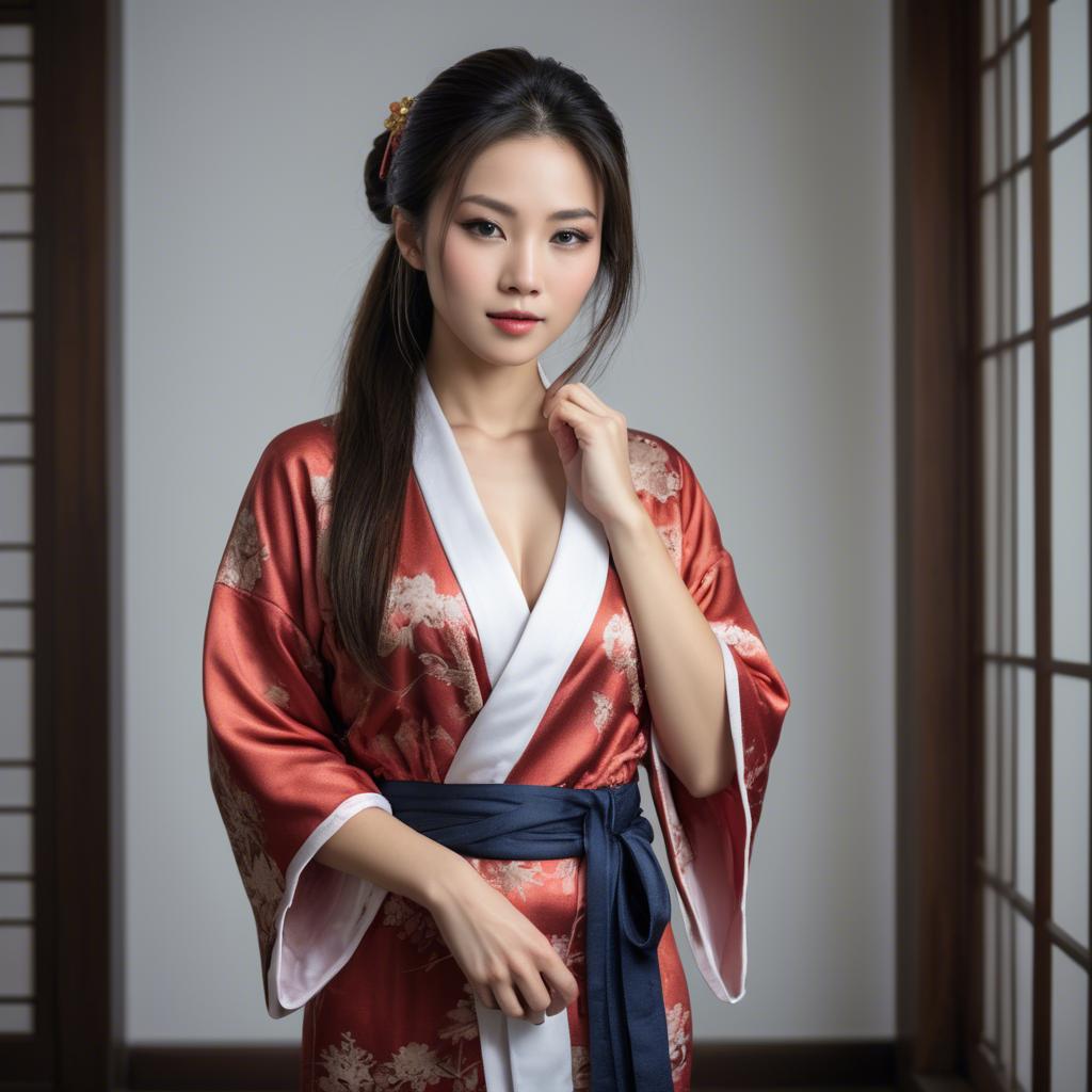 A stunning image of asian beauty, woman in traditional robe, intimate pose.