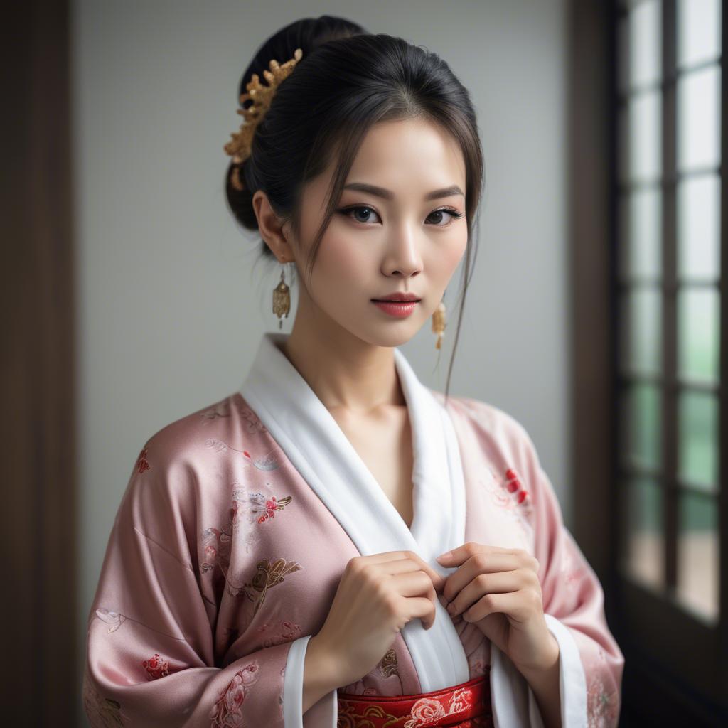 A stunning image of asian beauty, woman in traditional robe, intimate pose.