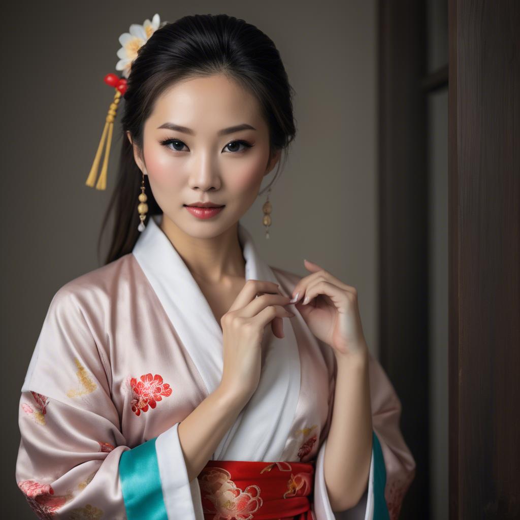 A stunning image of asian beauty, woman in traditional robe, intimate pose.