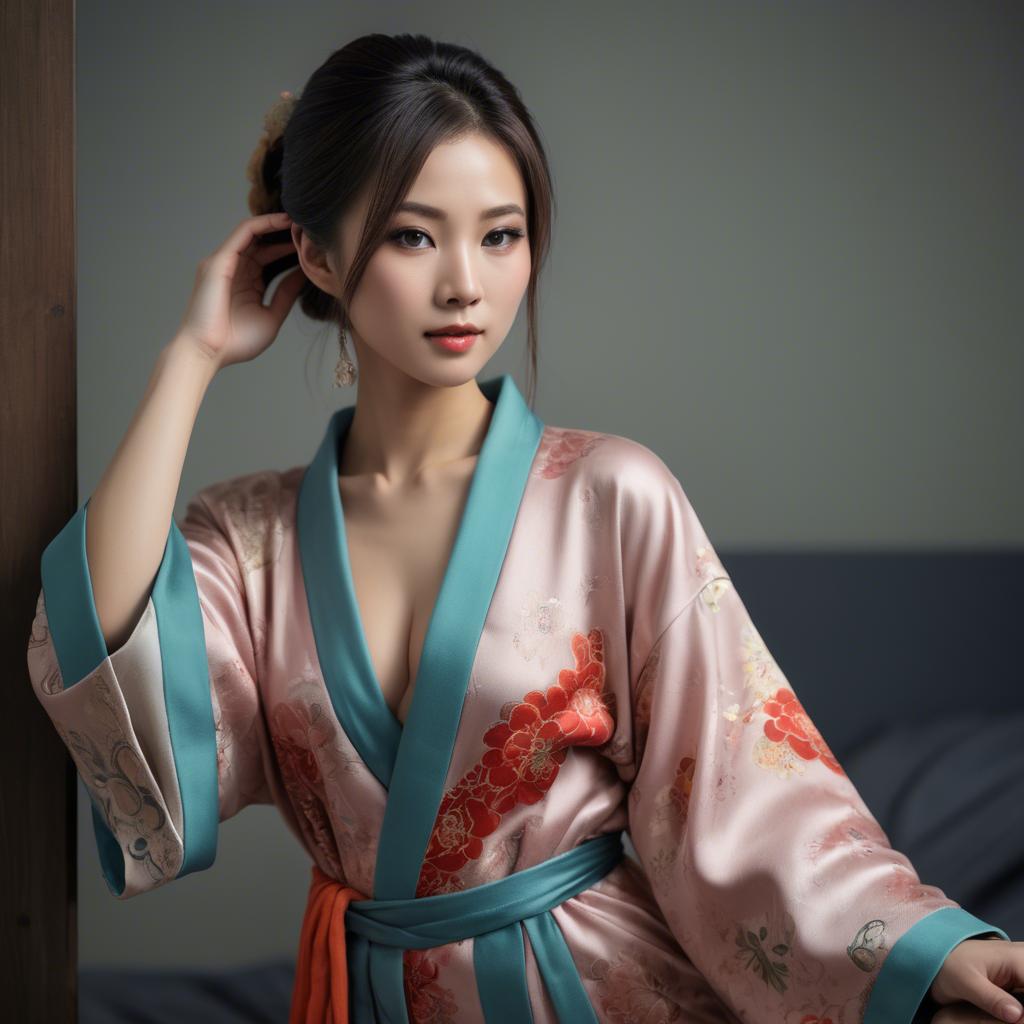 A stunning image of asian beauty, woman in traditional robe, intimate pose.