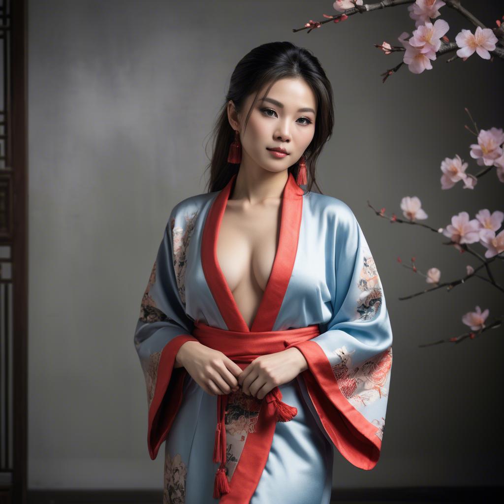 A stunning image of asian beauty, woman in traditional robe, intimate pose.