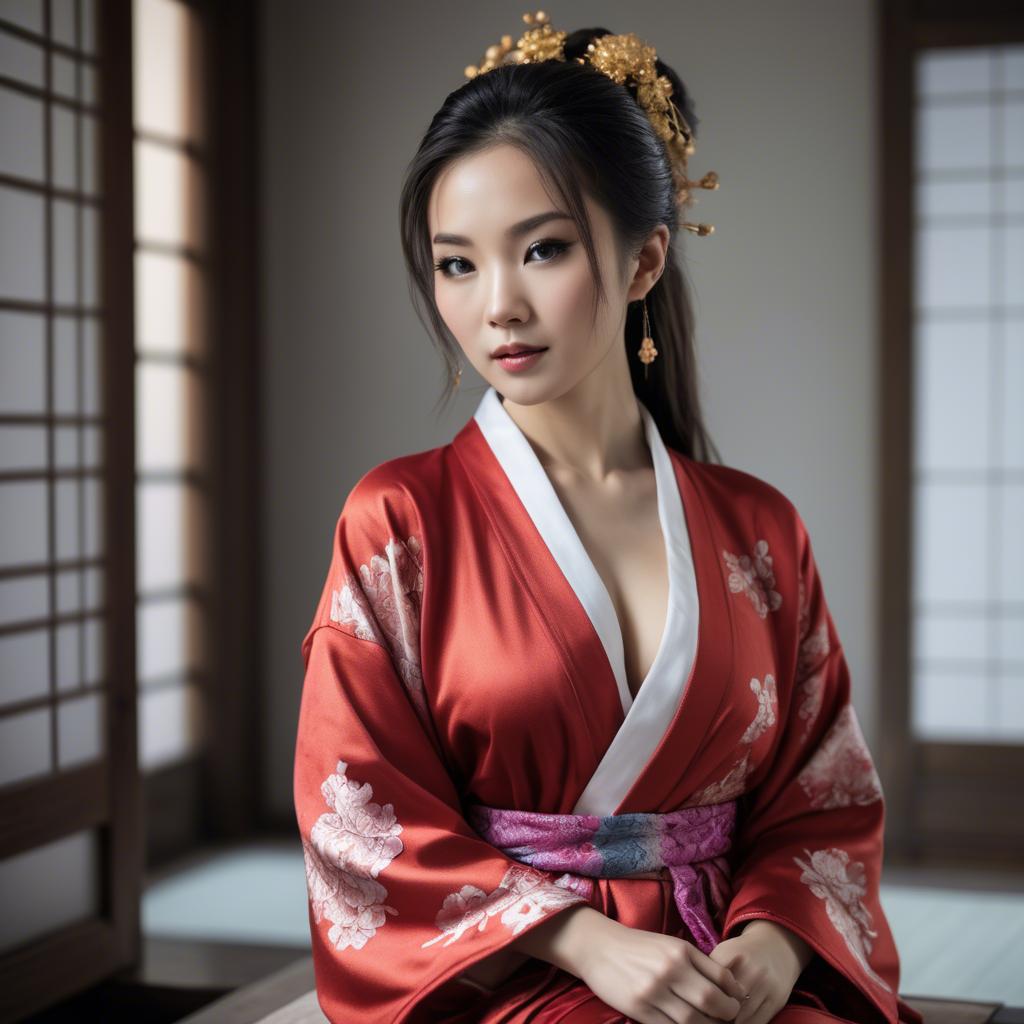 A stunning image of asian beauty, woman in traditional robe, intimate pose.