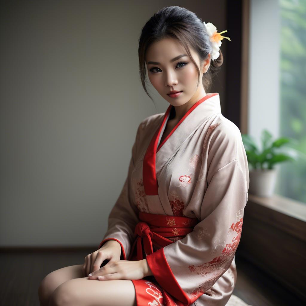 A stunning image of asian beauty, woman in traditional robe, intimate pose.