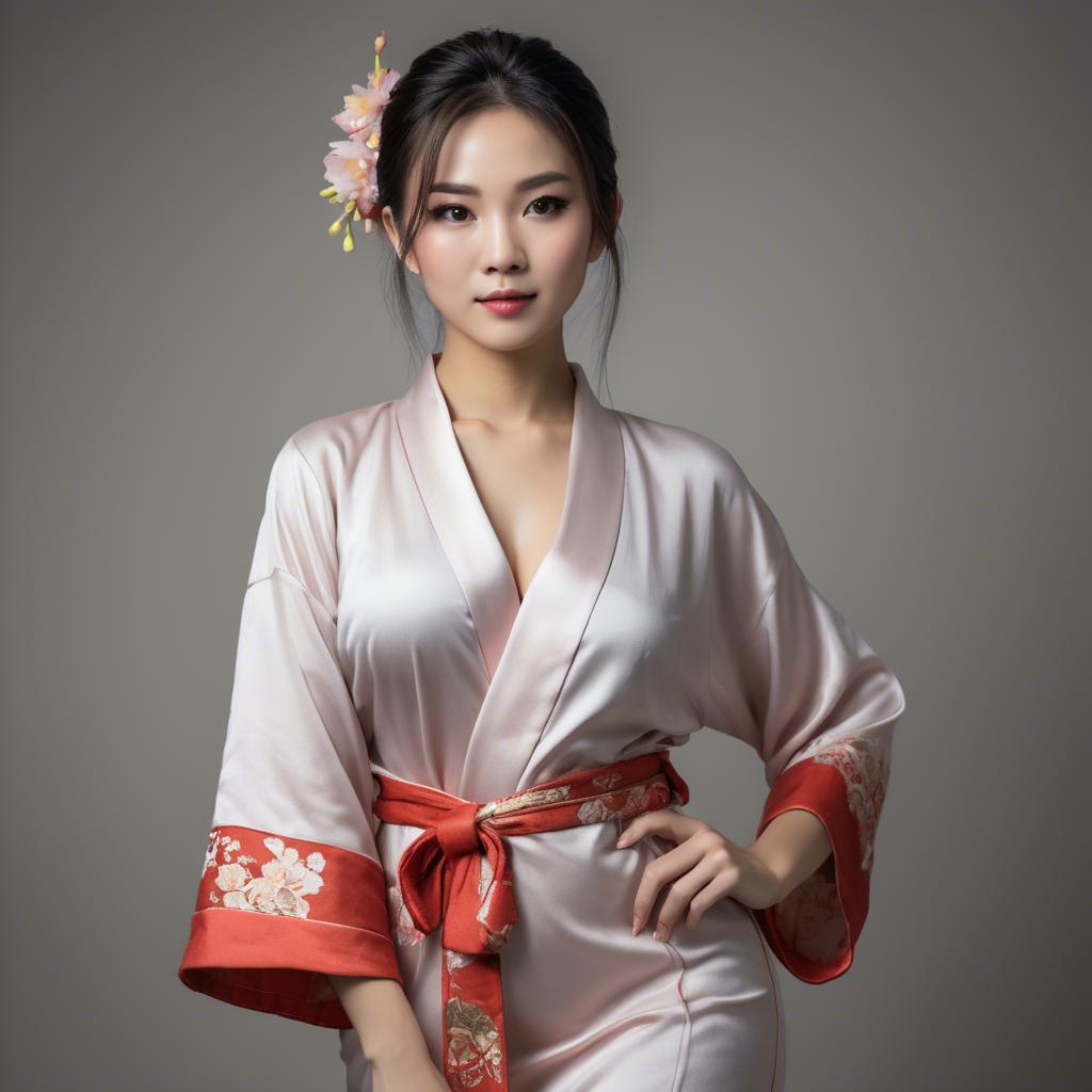 A stunning image of asian beauty, woman in traditional robe, intimate pose.