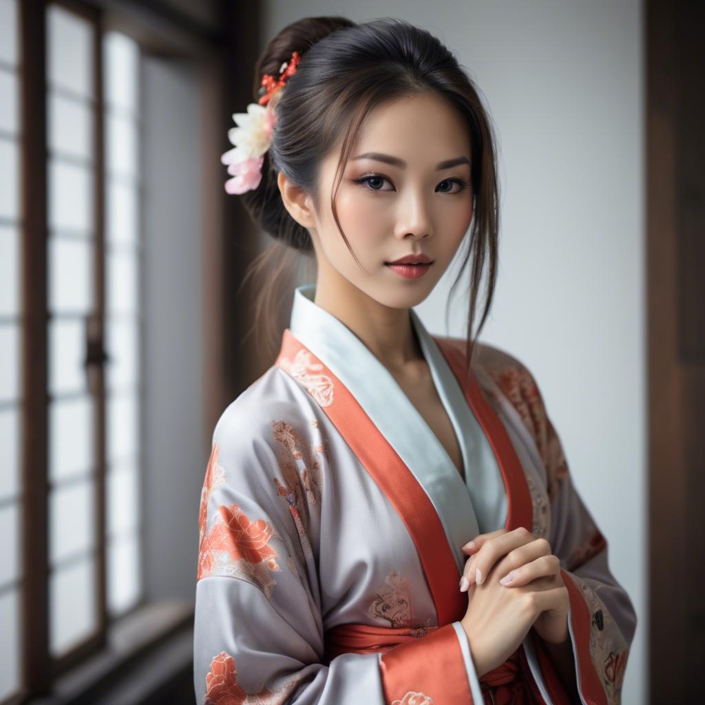 A stunning image of asian beauty, woman in traditional robe, intimate pose.
