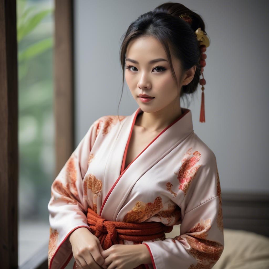 A stunning image of asian beauty, woman in traditional robe, intimate pose.