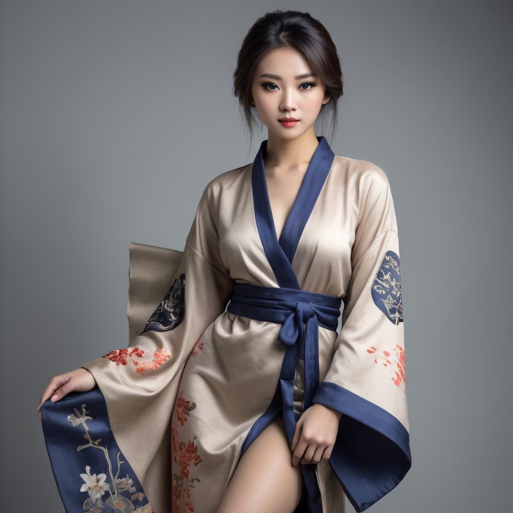 A stunning image of asian model, alluring pose in traditional robe.