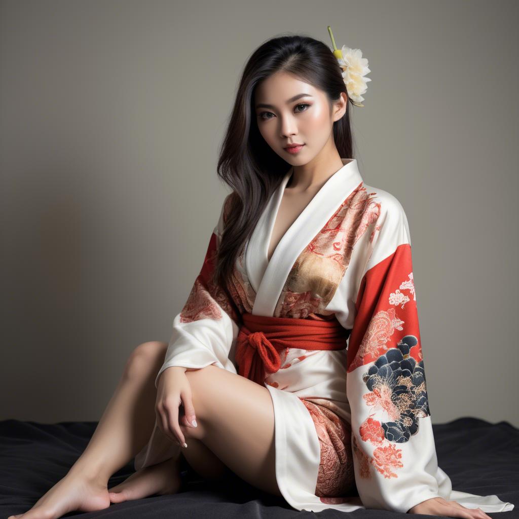 A stunning image of asian model, alluring pose in traditional robe.