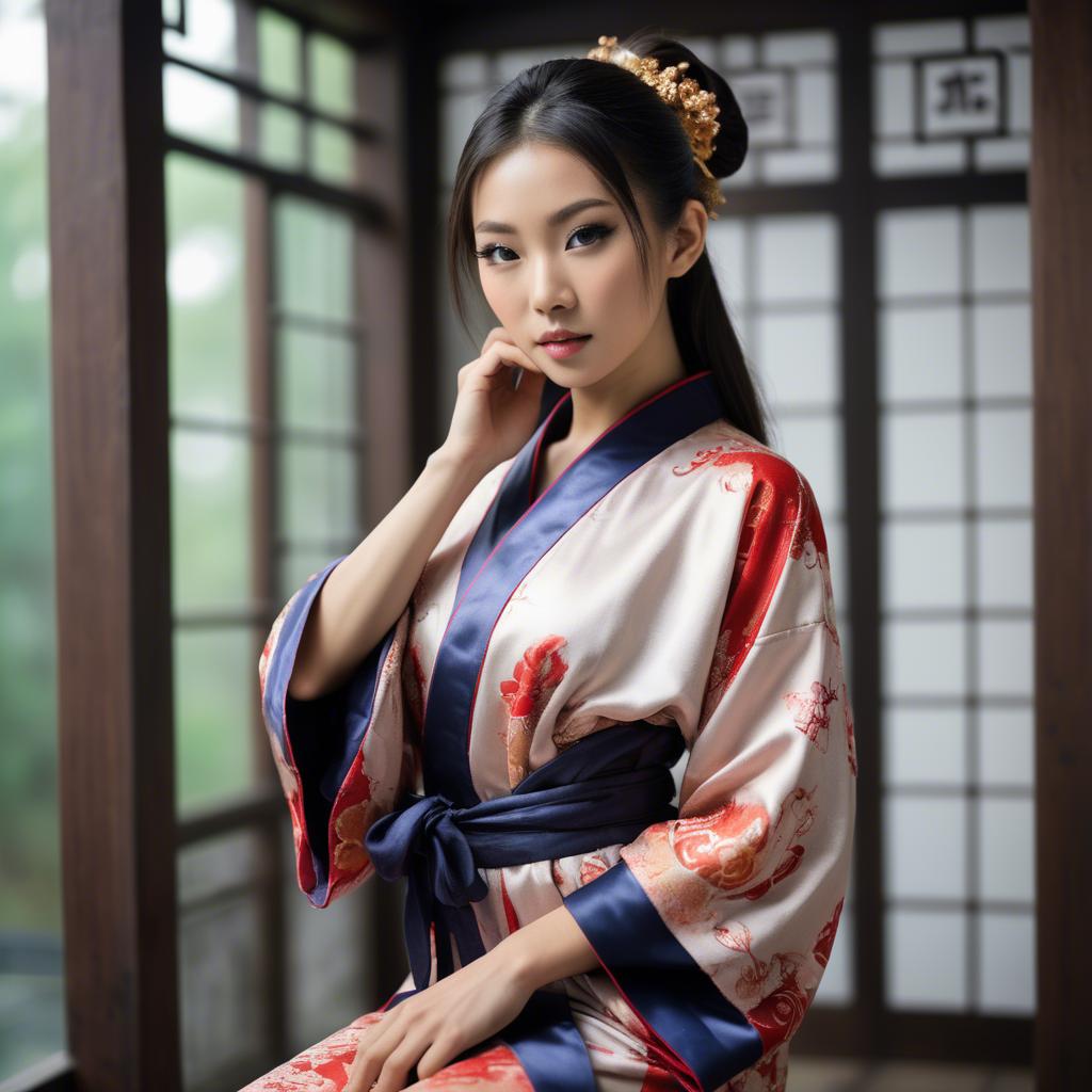 A stunning image of asian model, alluring pose in traditional robe.