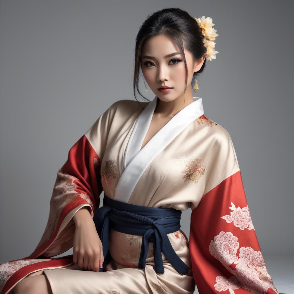 A stunning image of asian model, alluring pose in traditional robe.