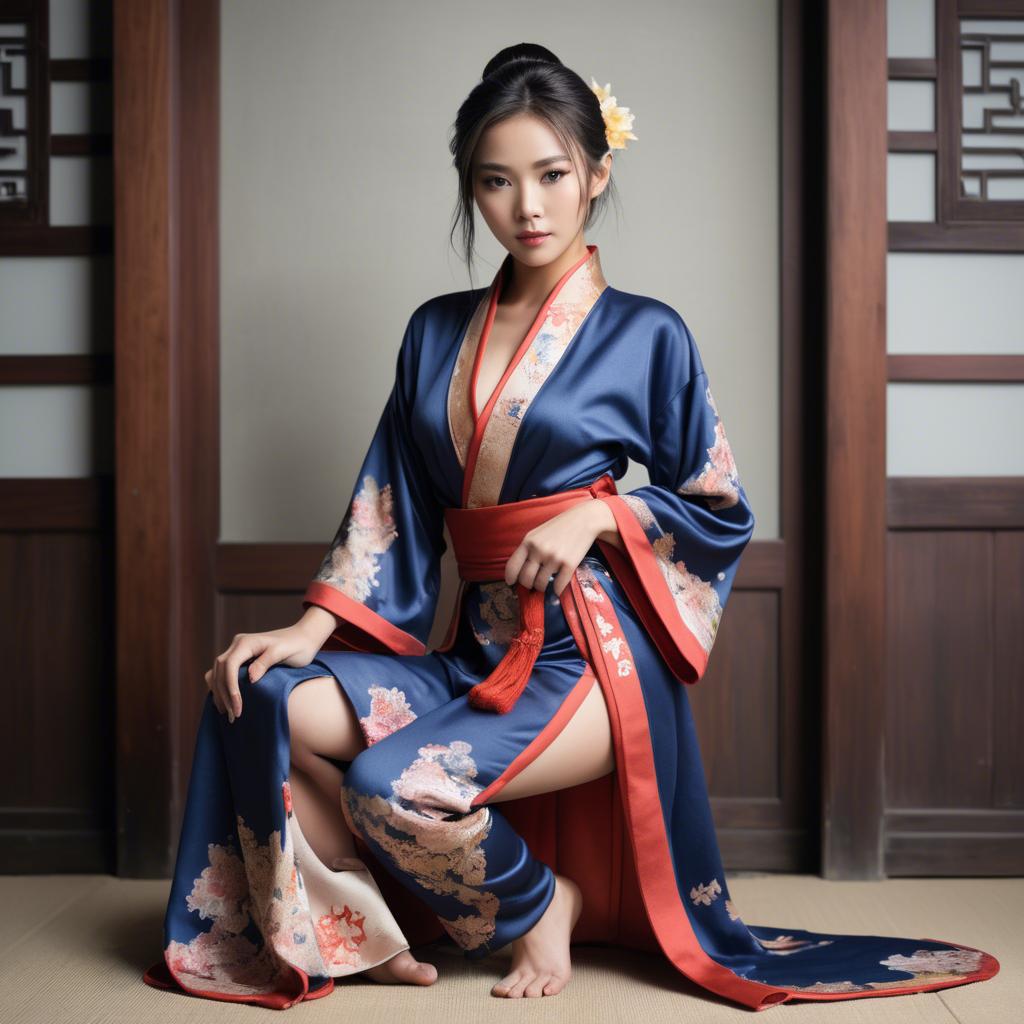 A stunning image of asian model, alluring pose in traditional robe.