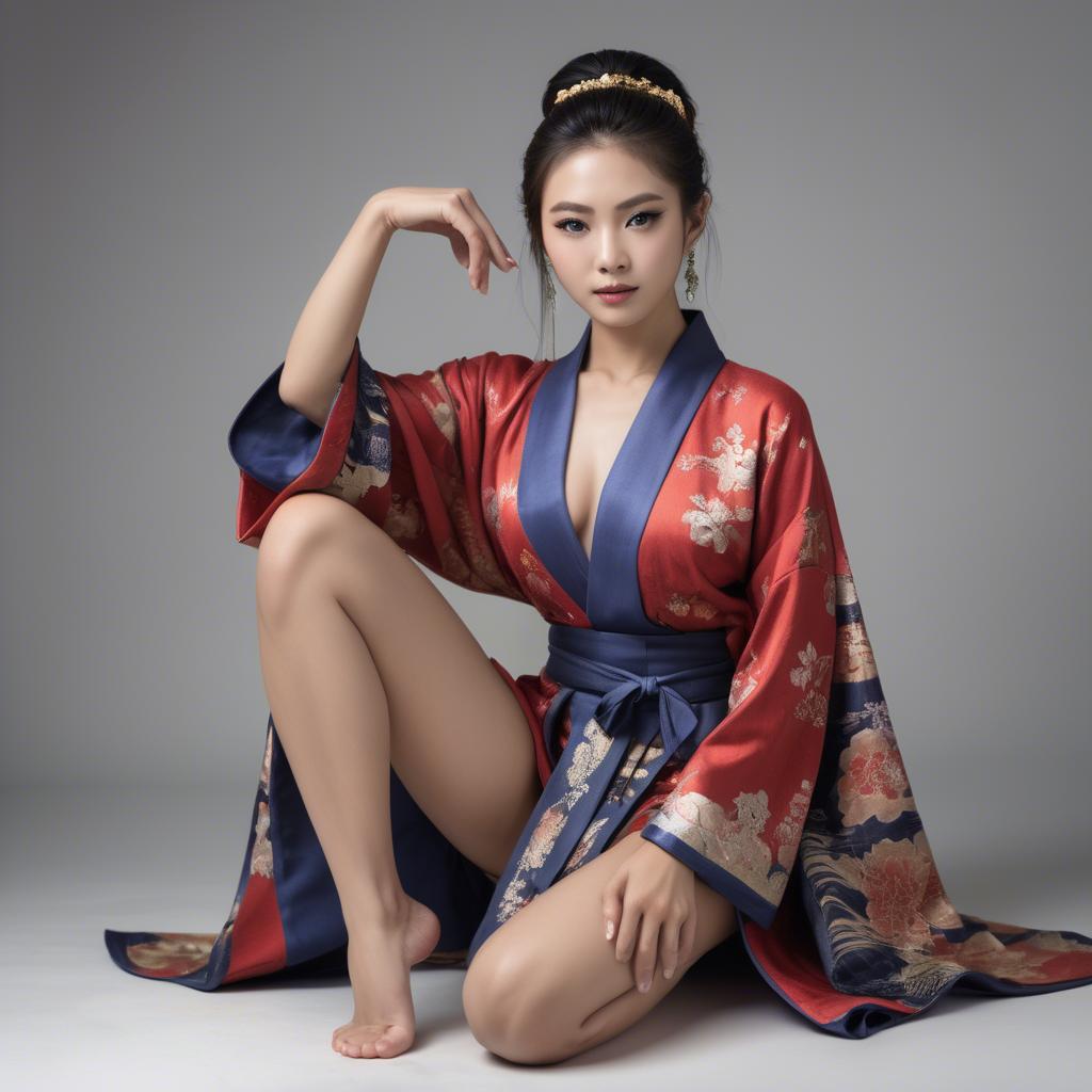 A stunning image of asian model, alluring pose in traditional robe.