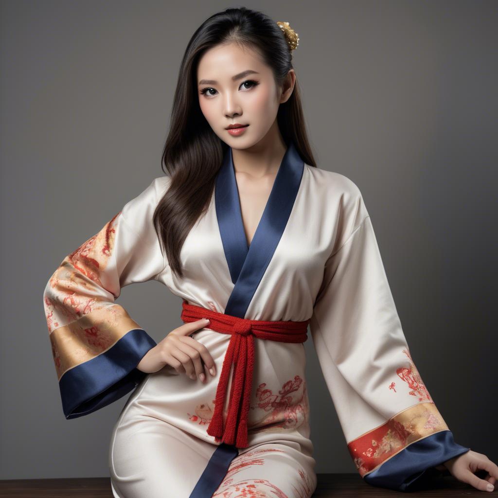 A stunning image of asian model, alluring pose in traditional robe.
