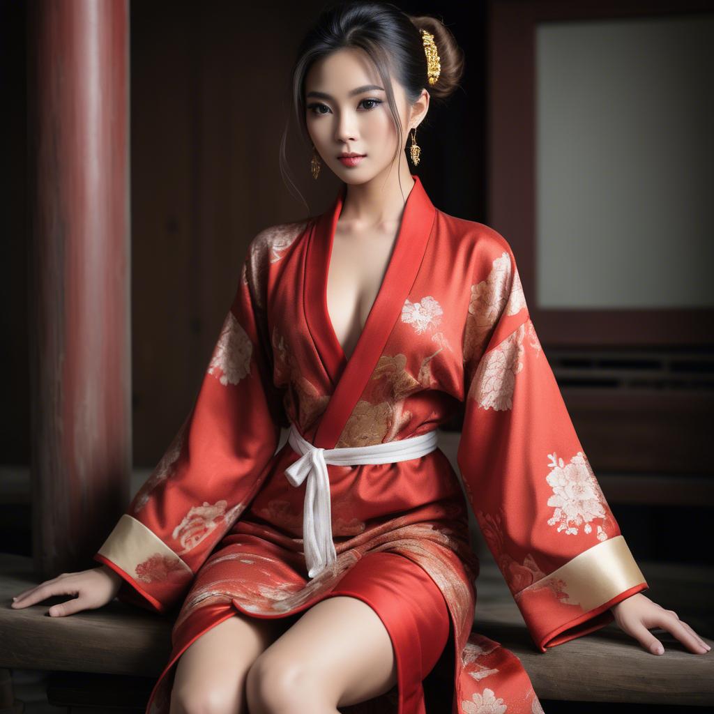 A stunning image of asian model, alluring pose in traditional robe.