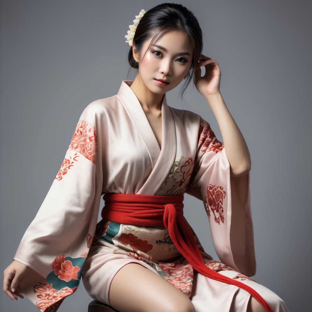 A stunning image of asian model, alluring pose in traditional robe.