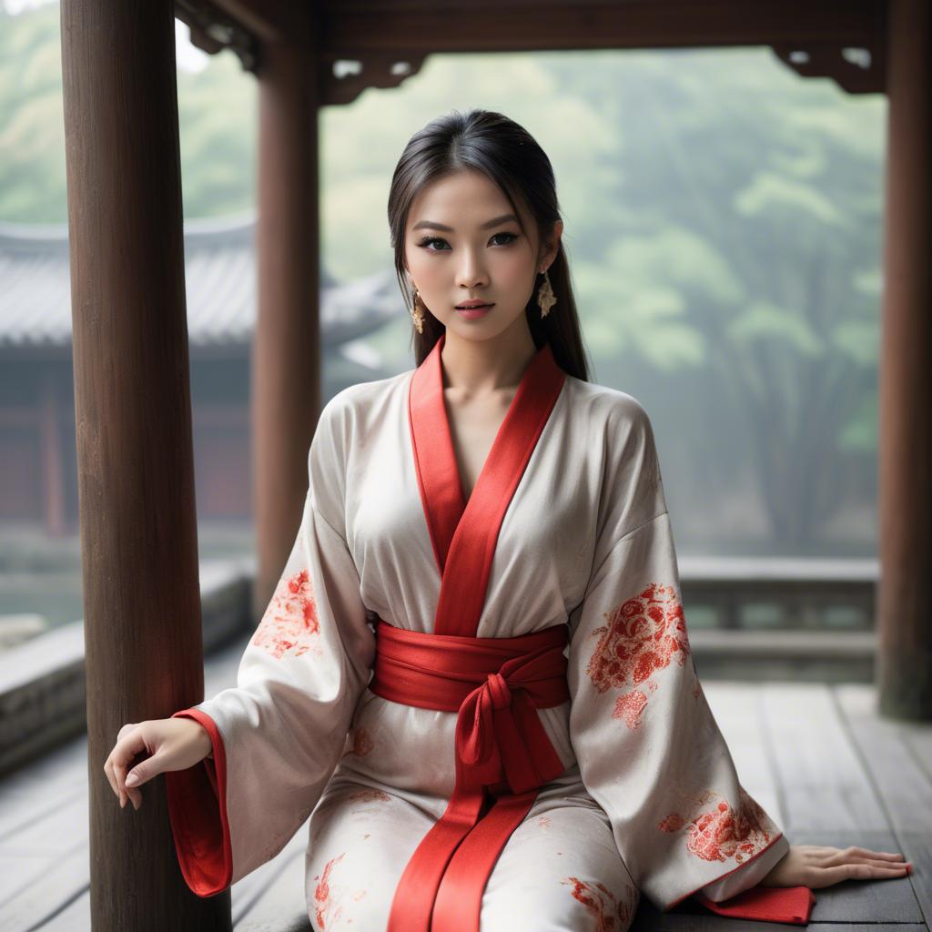 A stunning image of asian model, alluring pose in traditional robe.