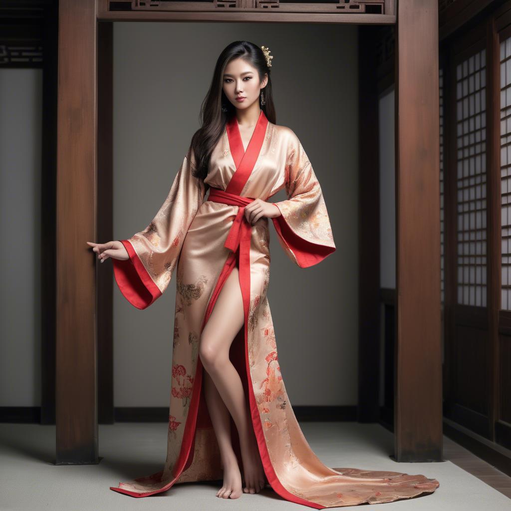 A stunning image of asian model, alluring pose in traditional robe.