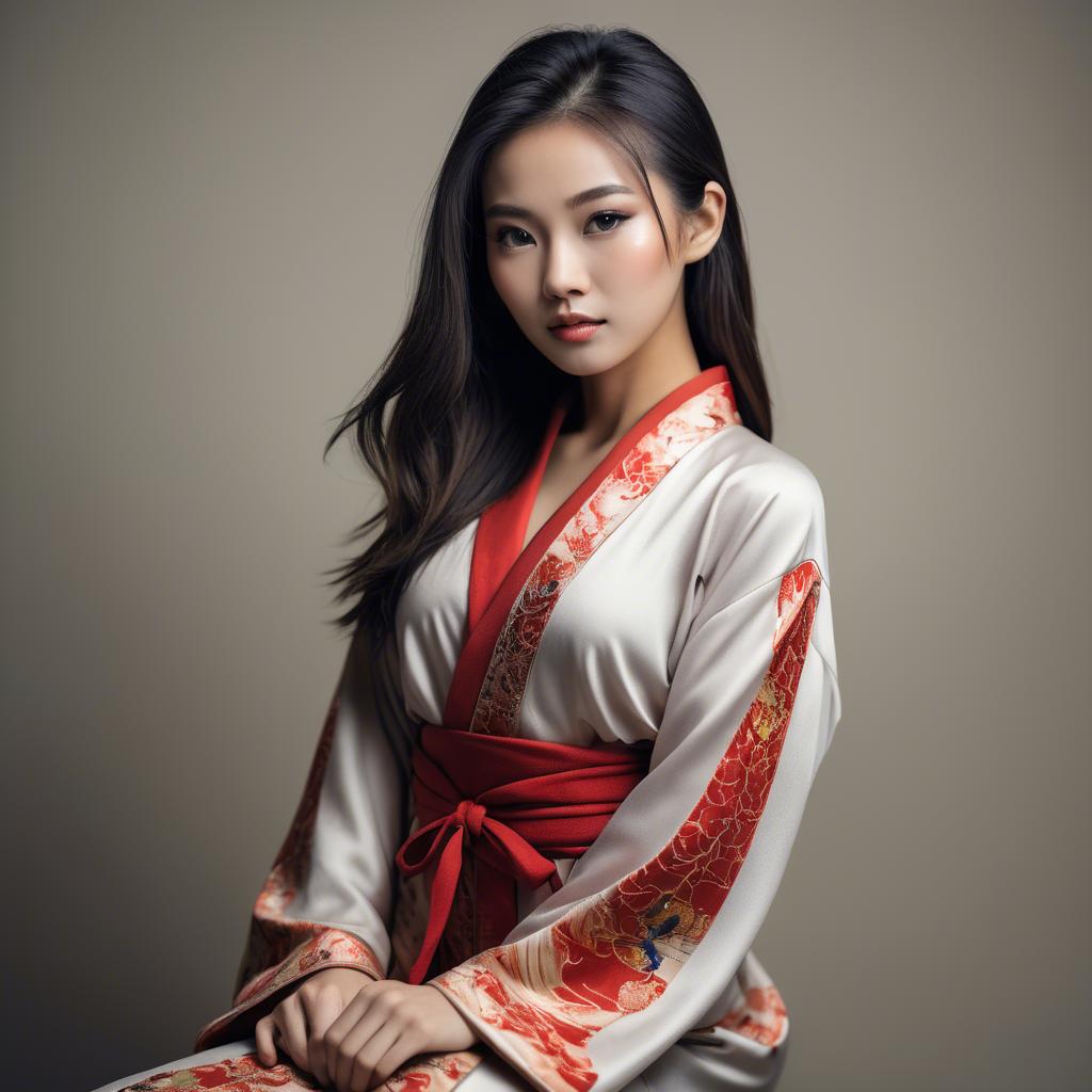 A stunning image of asian model, alluring pose in traditional robe.