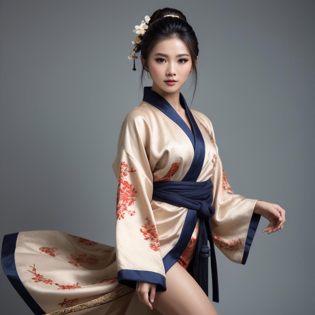 A stunning image of asian model, alluring pose in traditional robe.