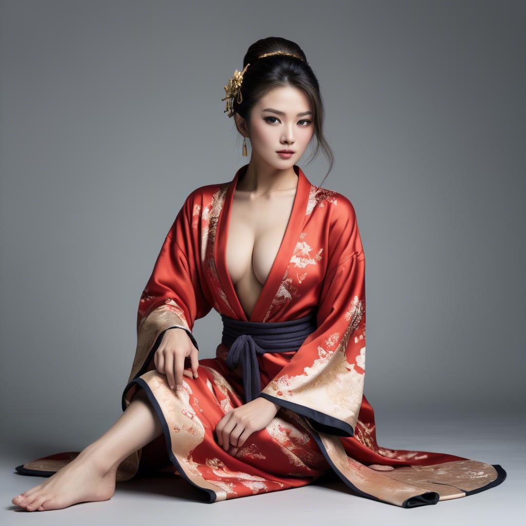 A stunning image of asian model, alluring pose in traditional robe.