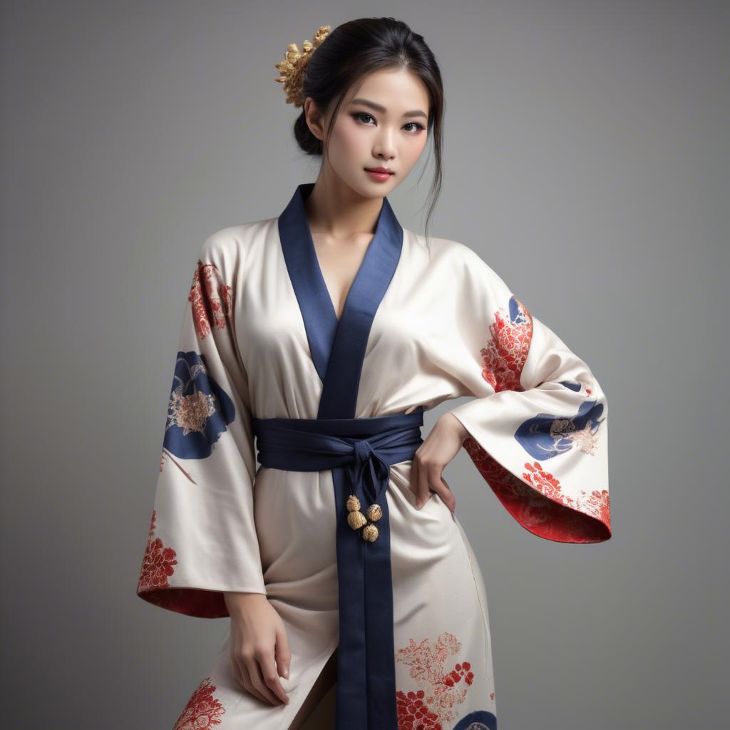A stunning image of asian model, alluring pose in traditional robe.