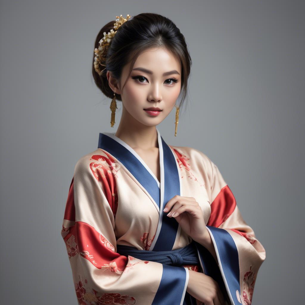 A stunning image of asian model, alluring pose in traditional robe.