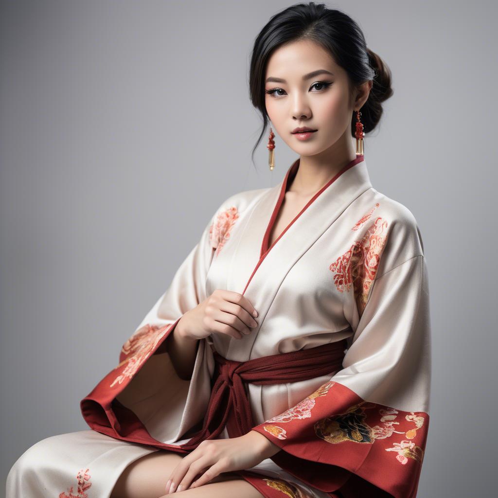 A stunning image of asian model, alluring pose in traditional robe.