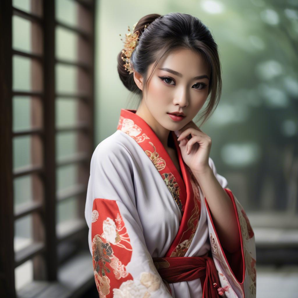 A stunning image of asian model, alluring pose in traditional robe.
