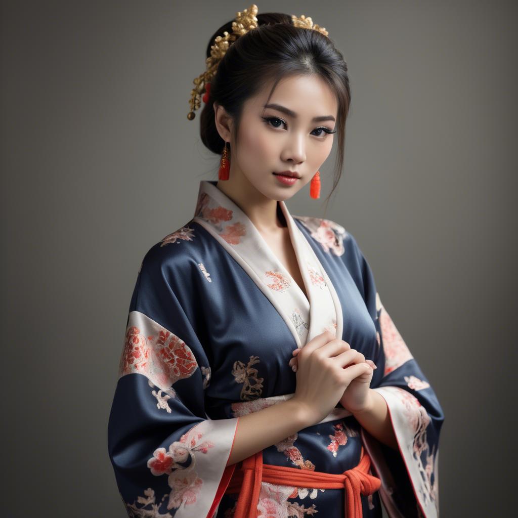 A stunning image of asian model, alluring pose in traditional robe.