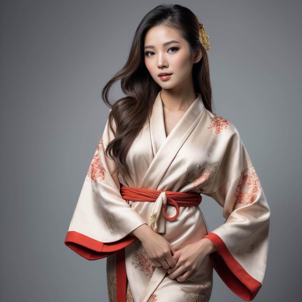 A stunning image of asian model, alluring pose in traditional robe.