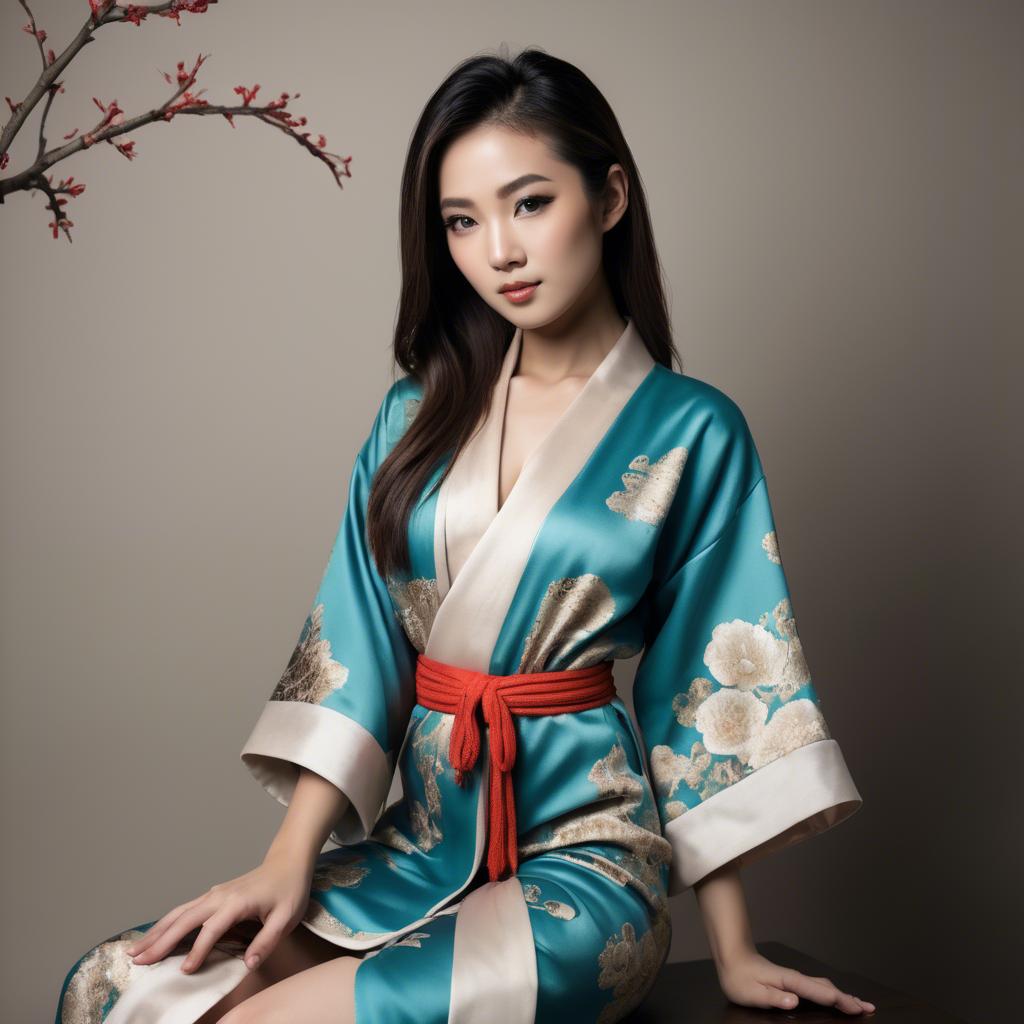 A stunning image of asian model, alluring pose in traditional robe.