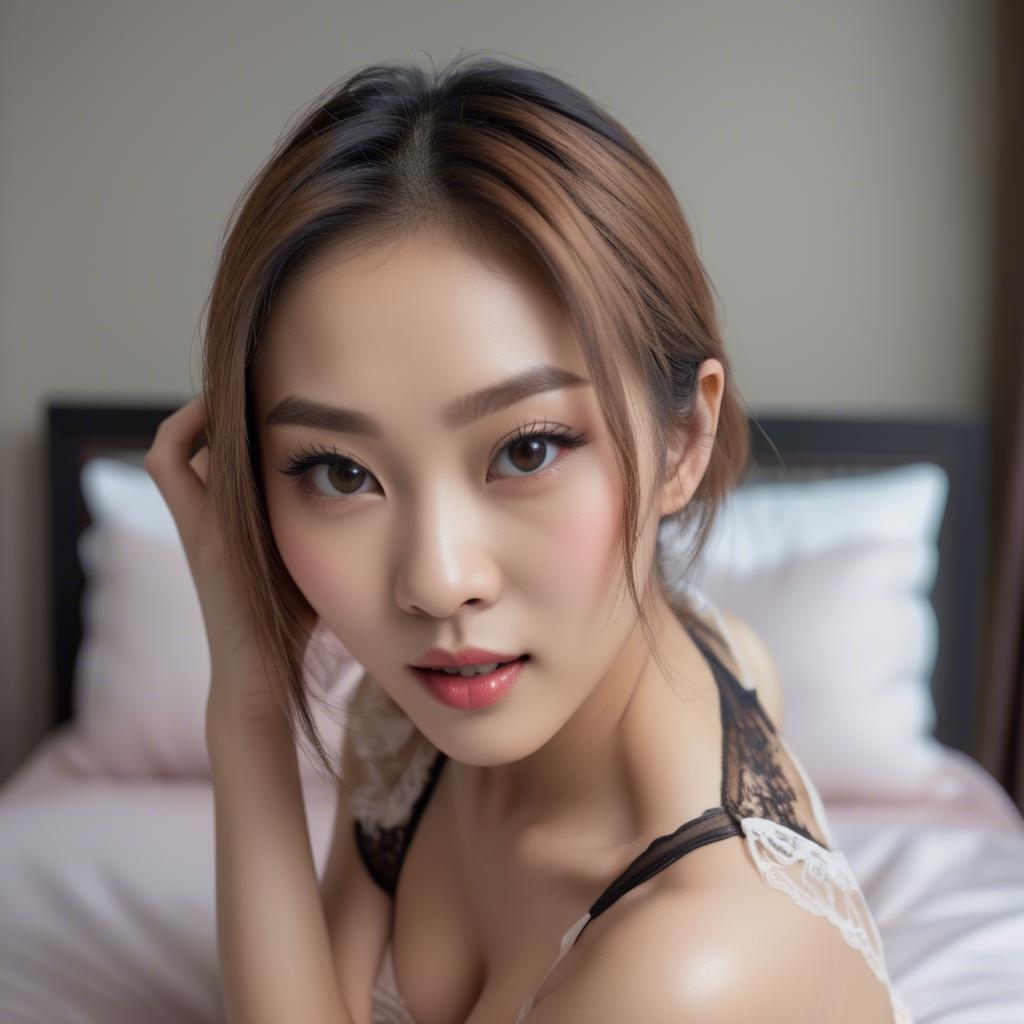 A stunning image of asian model, playful and seductive look in lingerie.