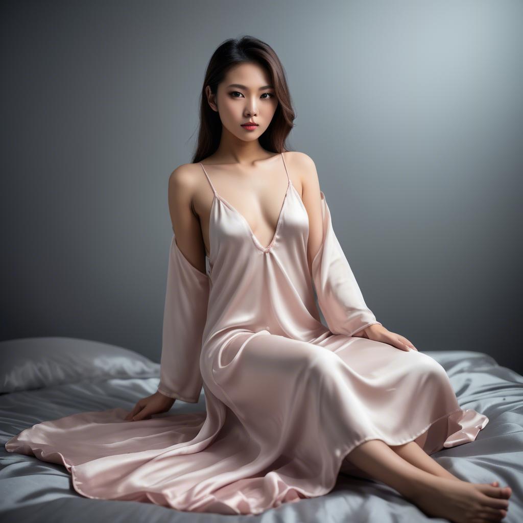 A stunning image of asian model, sensual pose in silk nightgown.