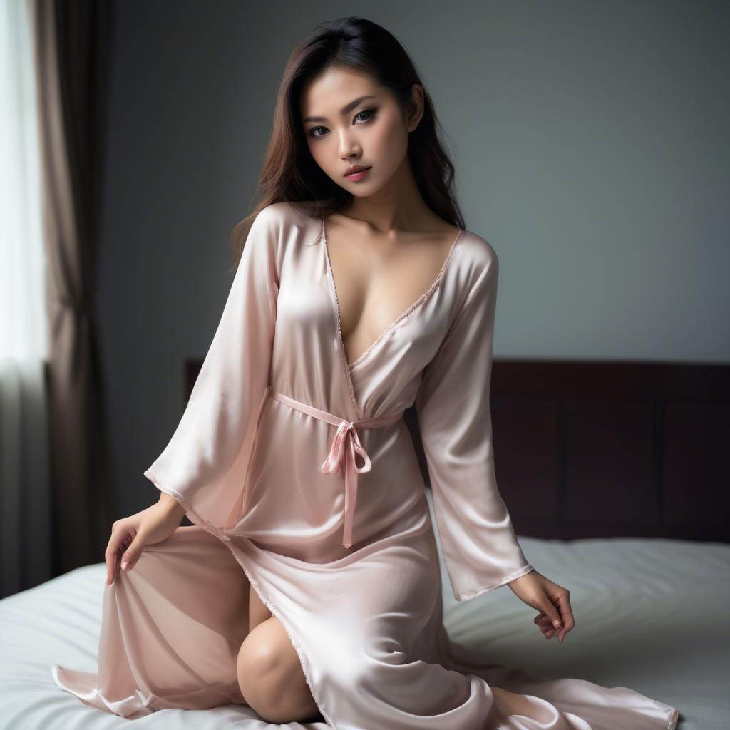 A stunning image of asian model, sensual pose in silk nightgown.