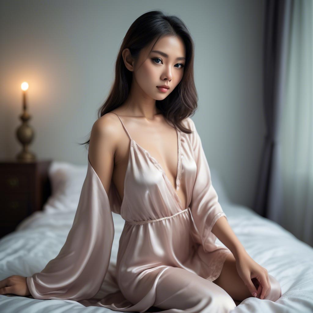 A stunning image of asian model, sensual pose in silk nightgown.