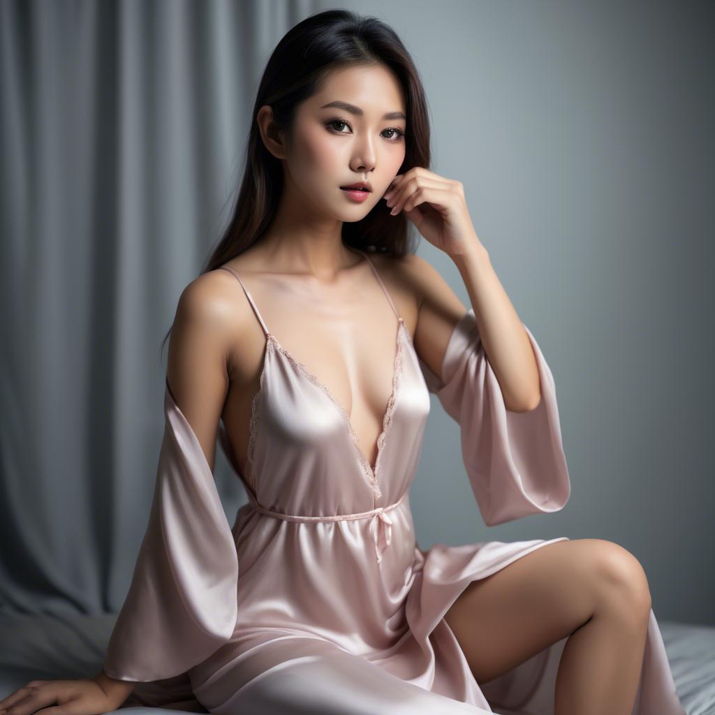 A stunning image of asian model, sensual pose in silk nightgown.