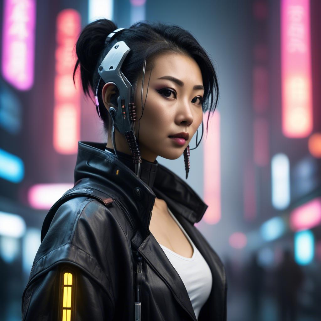 A stunning image of asian woman in a high-tech cyberpunk setting.