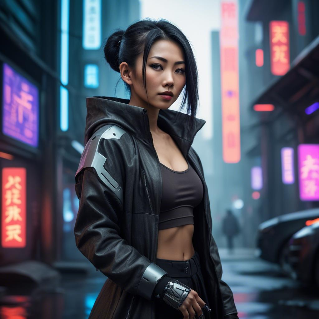 A stunning image of asian woman in a high-tech cyberpunk setting.