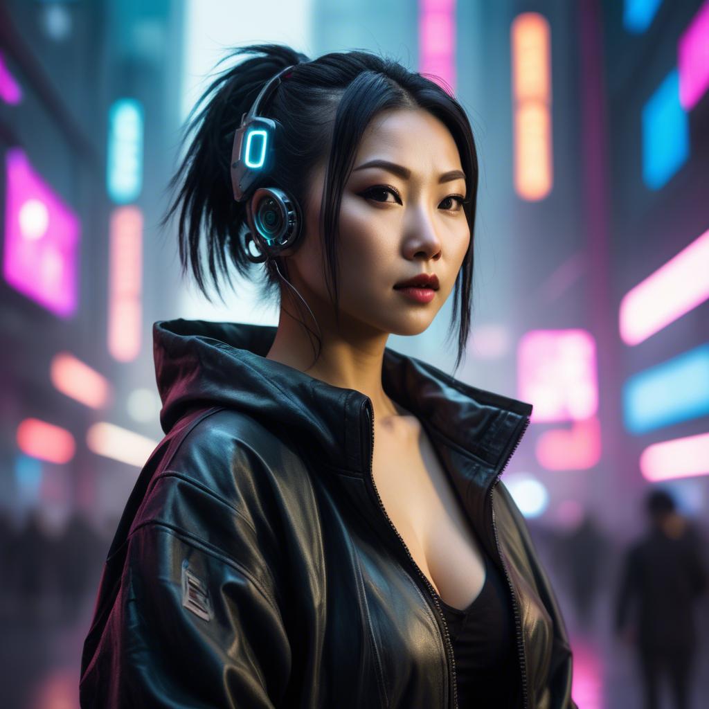 A stunning image of asian woman in a high-tech cyberpunk setting.