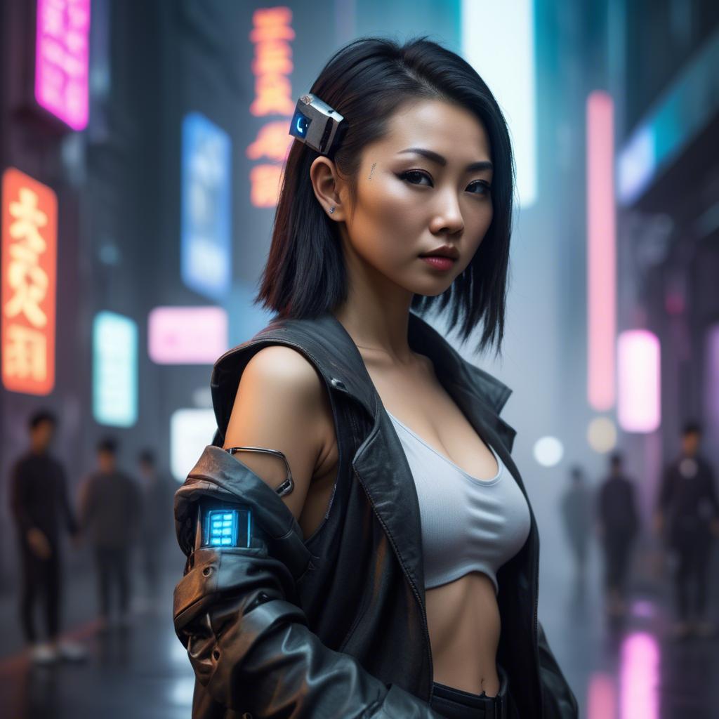 A stunning image of asian woman in a high-tech cyberpunk setting.