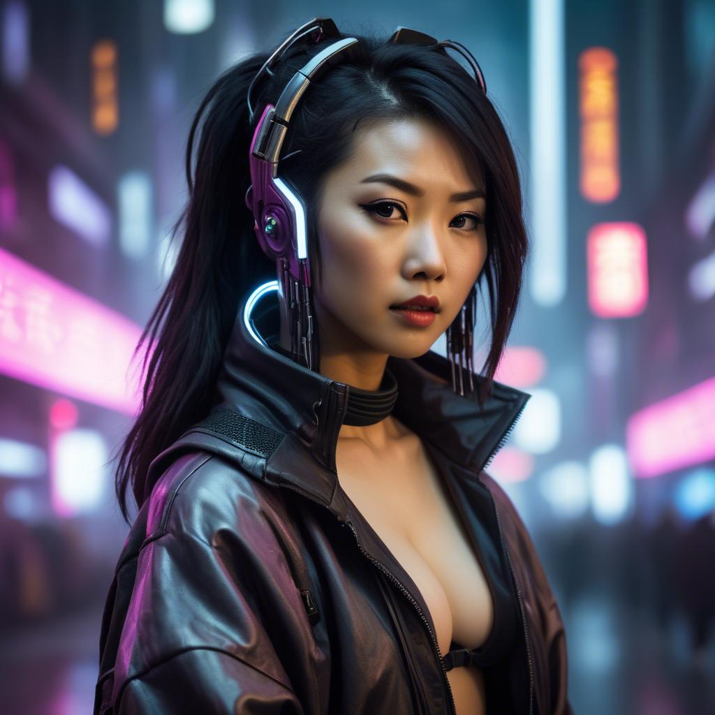 A stunning image of asian woman in a high-tech cyberpunk setting.