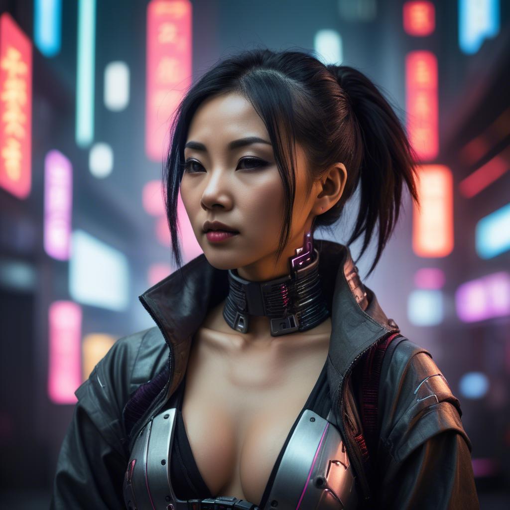 A stunning image of asian woman in a high-tech cyberpunk setting.