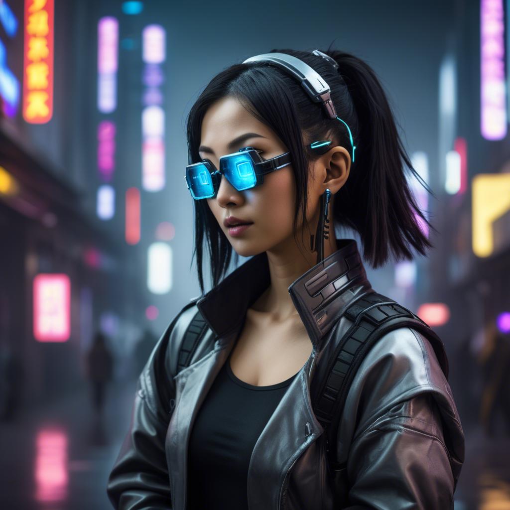 A stunning image of asian woman in a high-tech cyberpunk setting.