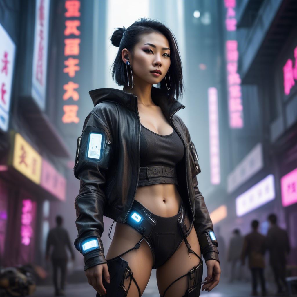 A stunning image of asian woman in a high-tech cyberpunk setting.