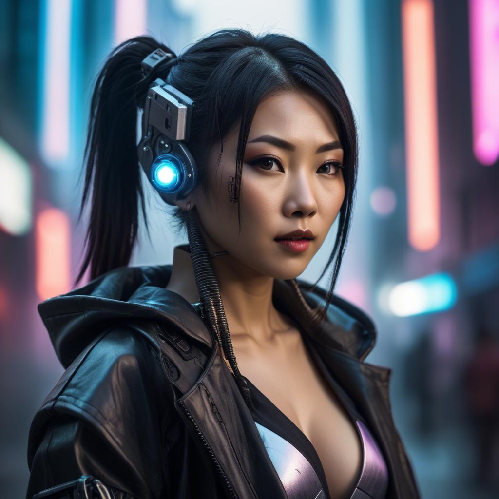 A stunning image of asian woman in a high-tech cyberpunk setting.