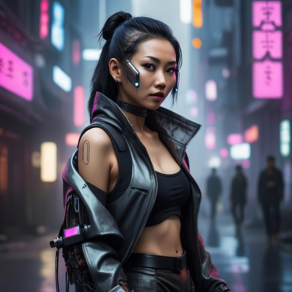 A stunning image of asian woman in a high-tech cyberpunk setting.