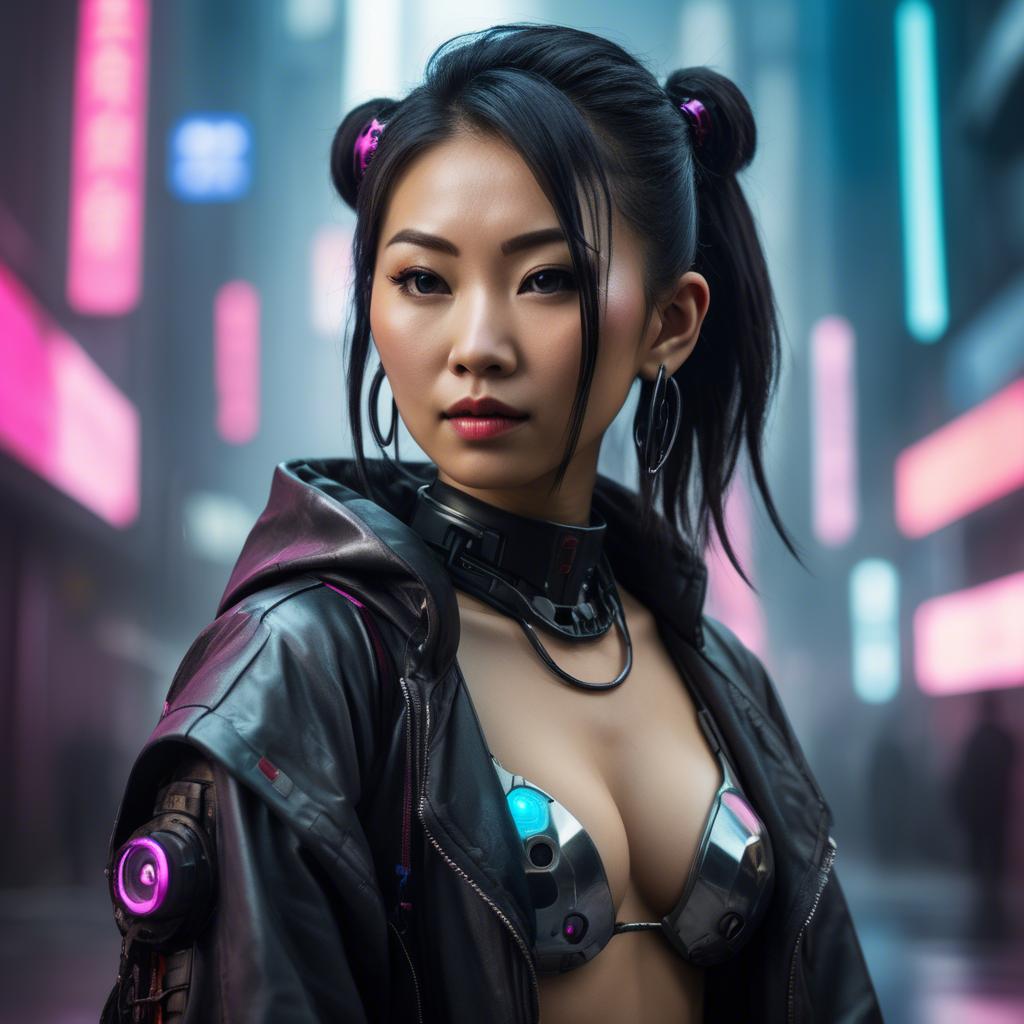 A stunning image of asian woman in a high-tech cyberpunk setting.