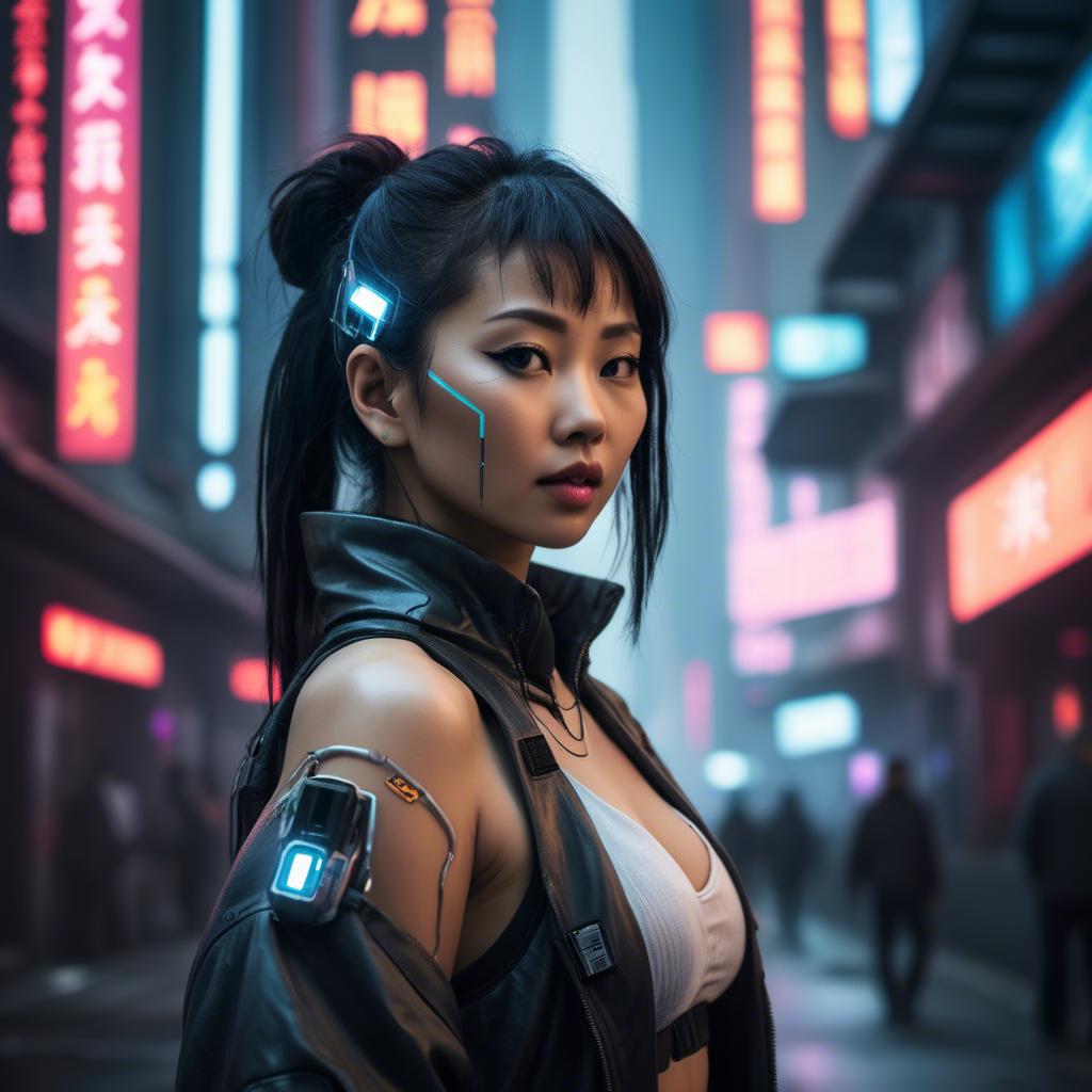 A stunning image of asian woman in a high-tech cyberpunk setting.